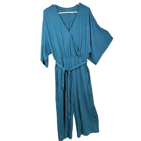 GARNET HILL Womens Sz M Teal Stretch Tencel Kimono Sleeve Knit Jumpsuit Belted - Picture 2 of 14